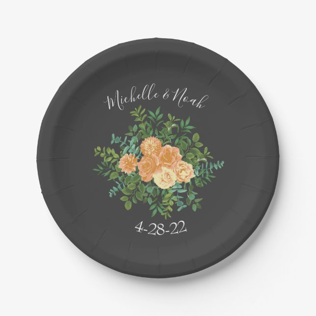 Peach & Charcoal Grey Peony & Rose Floral Wedding Paper Plate (Front)