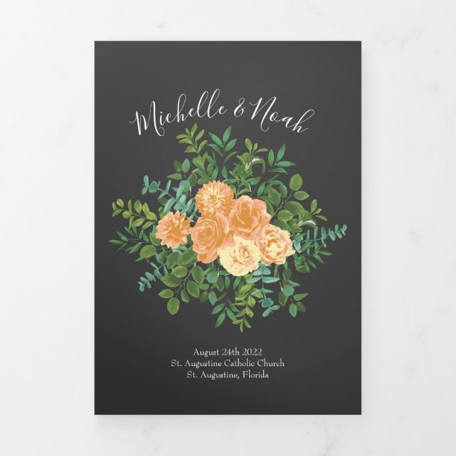 Peach Charcoal Grey Peony Rose Wedding Programmes (Page de couverture)