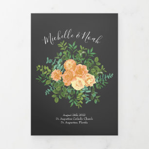 Peach Charcoal Grey Peony Rose Wedding Programs Tri-Fold Programme