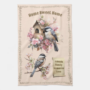 Peach Chickadee Home Sweet Home Kitchen Towel
