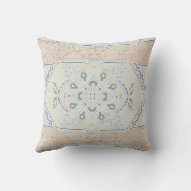 Peach + Clouds Marker and Ink Tile Design Throw Pillow (Back)
