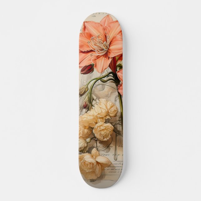 Peach Colour Daffodil Vintage Inspired Skateboard (Front)
