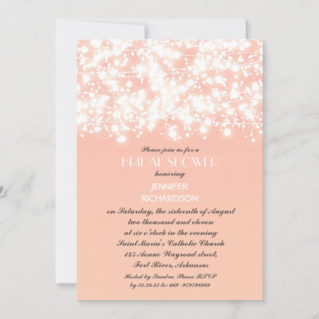 peach colour string lights bridal shower invitatio invitation (Front)