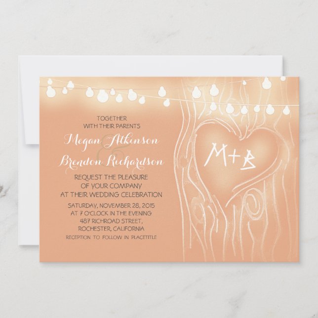Peach colour string lights tree romantic wedding invitation (Front)