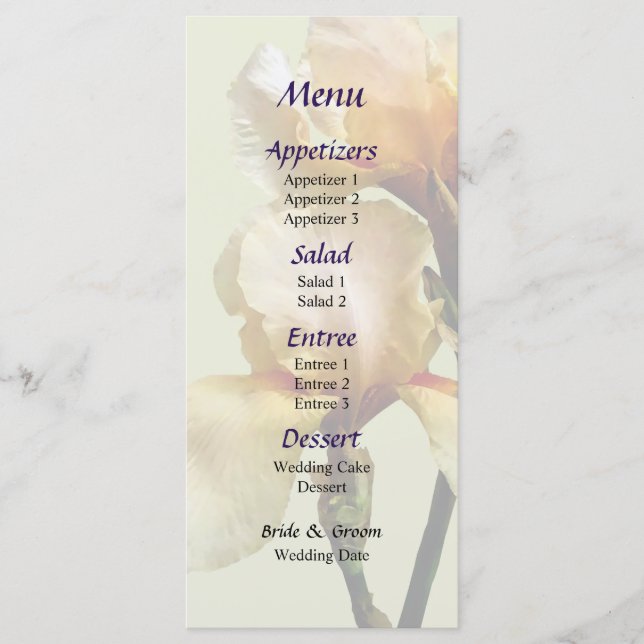 Peach Coloured Irises Wedding Menu (Front)