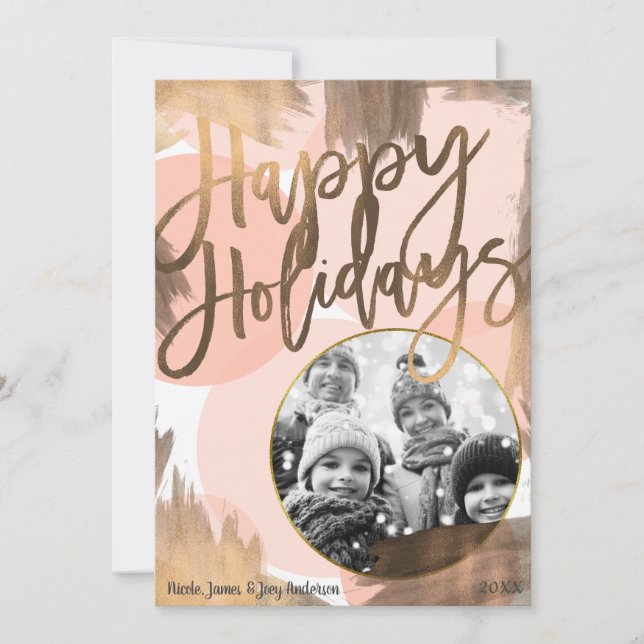 Peach & Copper Bronze Chic Modern Holiday Photo Card (Front)