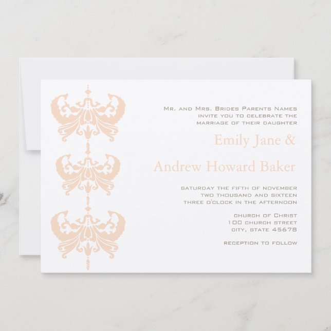 Peach Coral and Mushroom Damask Wedding Invitation (Front)
