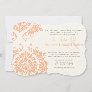 Peach Coral and Mushroom Damask Wedding Invitation