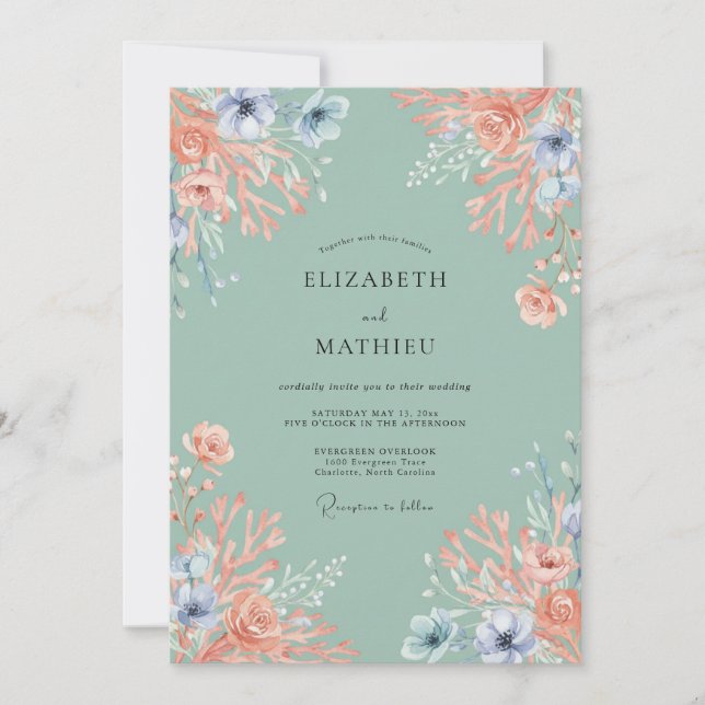 Peach Coral Botanical Romance Wedding Invitation (Front)