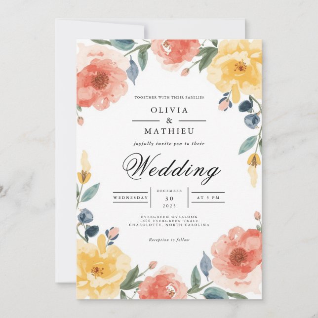 Peach Coral Floral Arch Wedding Invitation (Front)