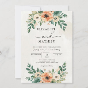 Peach Coral Floral Arch Wedding Invitation