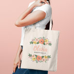 Peach Coral Floral Watercolor Bridesmaid Name Tote Bag<br><div class="desc">Bright and cheerful, this tote features a beautiful arrangement of peach, coral, and yellow painted watercolor blooms with lush greenery framing a personalized name in warm coral script. The bridal party role appears in refined lettering below, and both name and role are fully customizable for any wedding attendant. A lovely...</div>