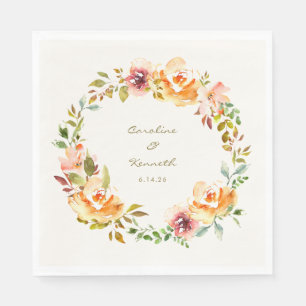 Peach Coral Floral Wreath Personalized Wedding Napkin