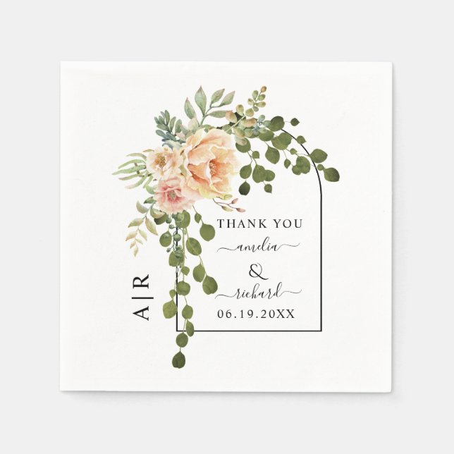 Peach coral flowers, arch and monogram wedding napkin (Front)