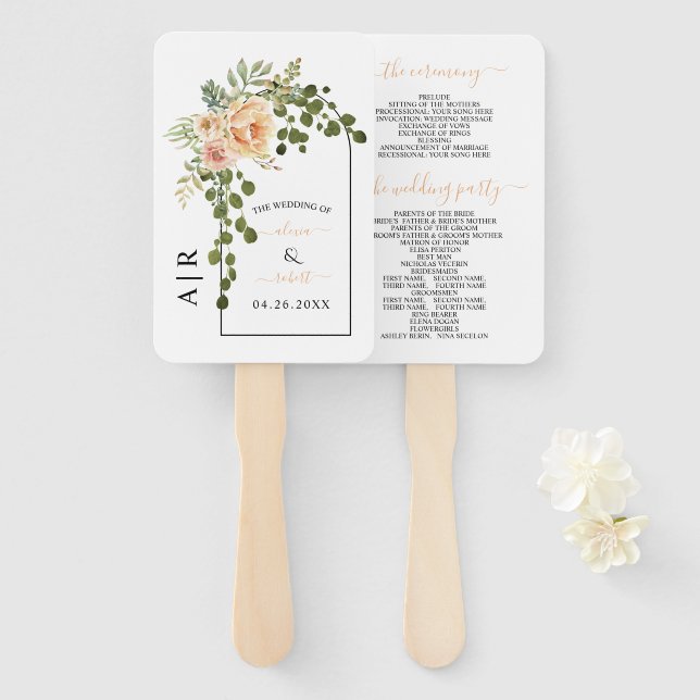 Peach coral flowers arch, initials wedding program hand fan (Front and Back)