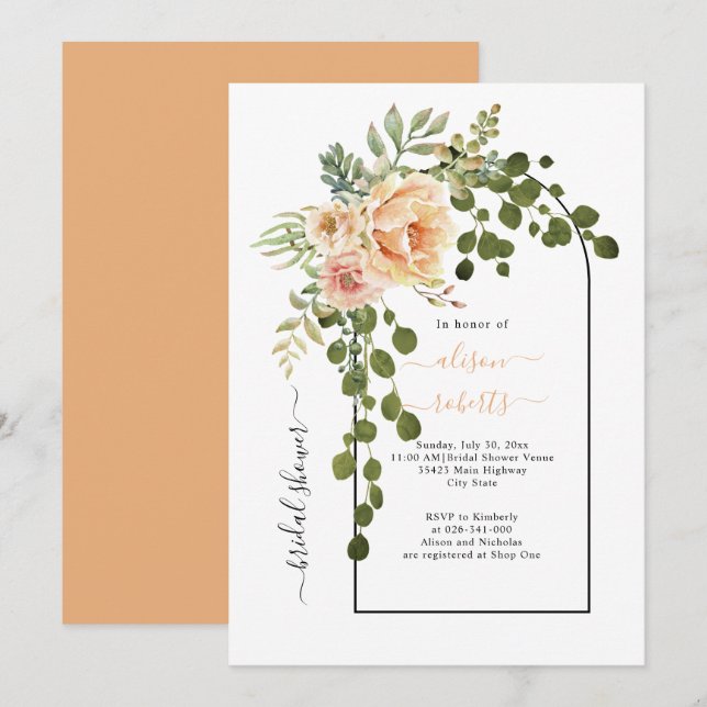 Peach coral flowers arch wedding bridal shower invitation (Front/Back)
