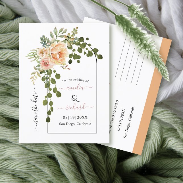 Peach coral flowers arch wedding Save the Date Postcard (Creator Uploaded)