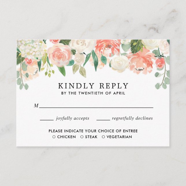 Peach coral greenery summer spring floral RSVP Enclosure Card (Front)