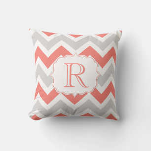Peach Coral Grey White Chevron Pattern Monogram Throw Pillow