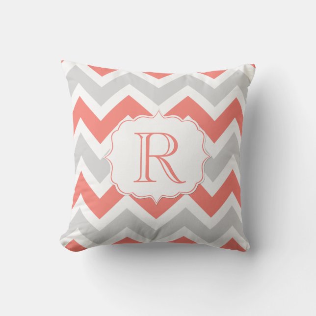 Peach Coral Grey White Chevron Pattern Monogram Throw Pillow (Front)