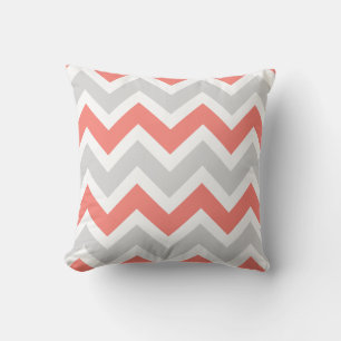 Peach Coral Grey White Chevron Zigzag Pattern Throw Pillow