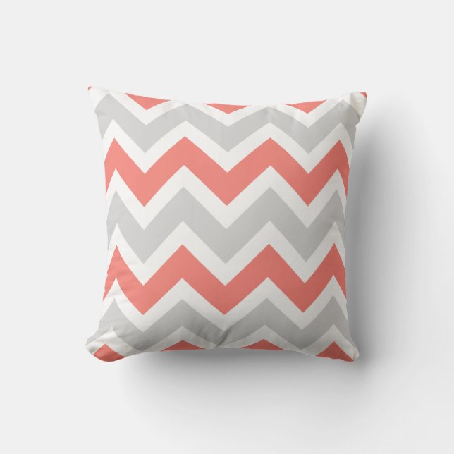 Peach Coral Grey White Chevron Zigzag Pattern Throw Pillow (Front)