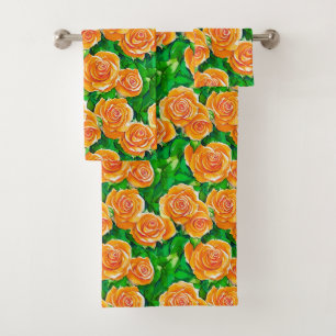 Peach / Coral Orange Watercolor Roses Bath Towel Set