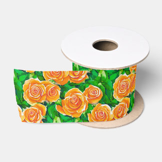Peach / Coral Orange Watercolor Roses Satin Ribbon