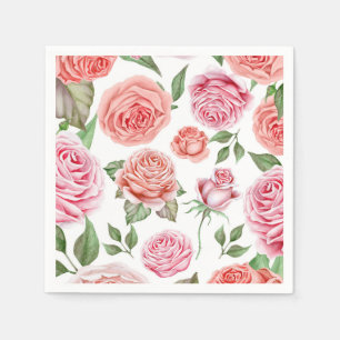 Peach Coral Pink Roses Greenery Leaves Shabby Chic Napkin
