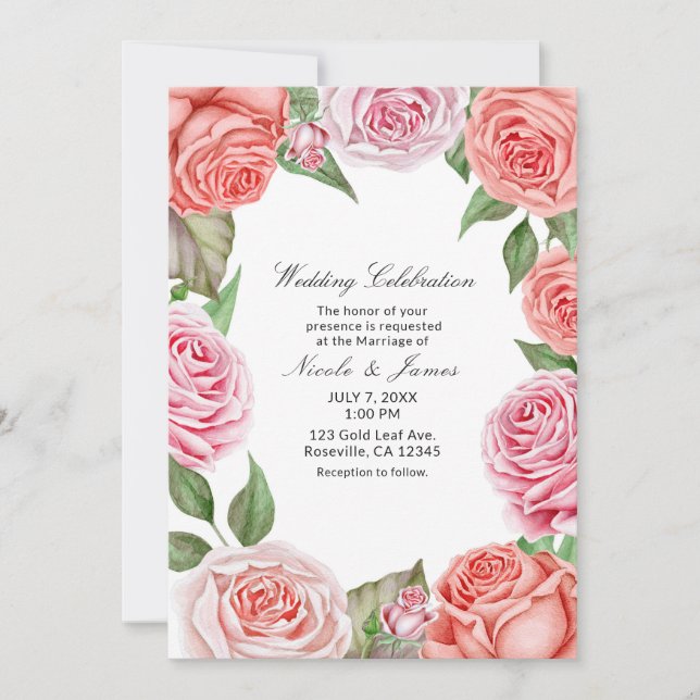 Peach Coral Pink Roses Greenery Leaves Wedding Invitation (Front)