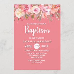 Peach Coral rose Aquarelle Baptême Invitation