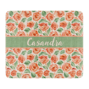 Peach Coral Rose Floral Monogram Name Kitchen Cutting Board