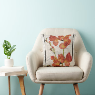 Peach Coral Watercolor Asian Floral Orchids Throw Pillow
