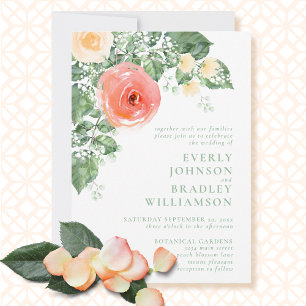 Peach Coral Watercolor Floral Roses Wedding Invitation