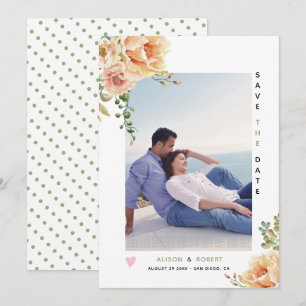 Peach coral watercolor flowers sage green photo save the date