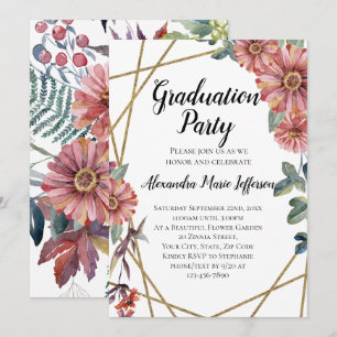 Peach Coral Zinnia Flower Girls Graduation Party Invitation