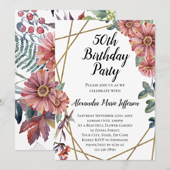 Peach Coral Zinnia Flower Womens 50th Birthday Invitation (Front/Back)