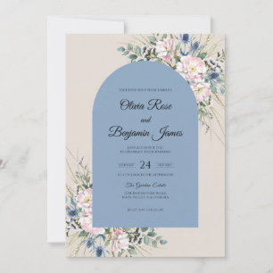Peach Cornflower Bouquet Eucalyptus Wedding Invitation