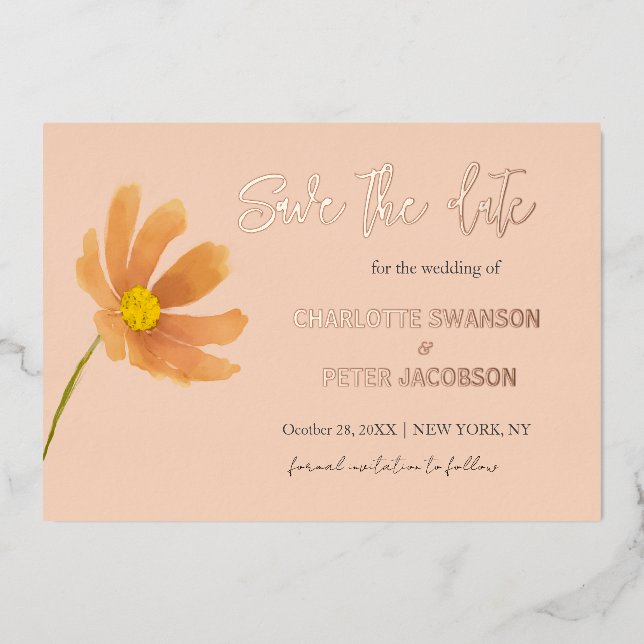 Peach Cosmos Watercolor Flower Save The Date   (Front)