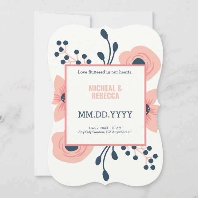 Peach cream and blue flowers rustic wedding  save the date (Front)