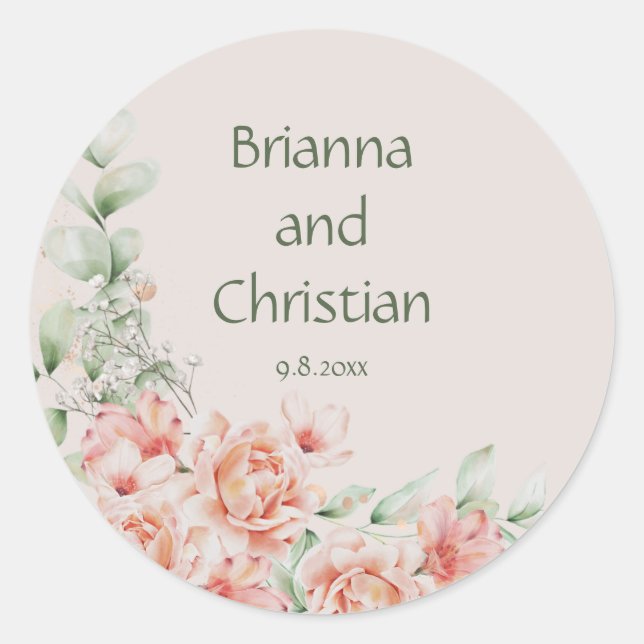 Peach Cream and Sage Green Floral Garden Classic Round Sticker (Front)