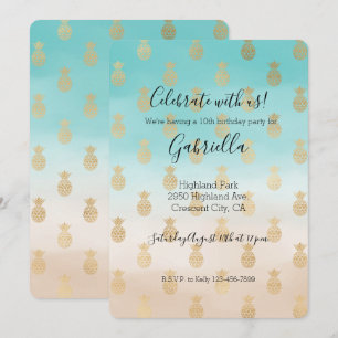 Peach Cream Aqua Ombre Gold Pineapples Invitation