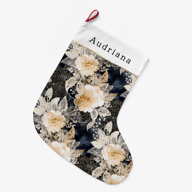 Peach Cream Black Floral Christmas Large Christmas Stocking (Front (Hanging))