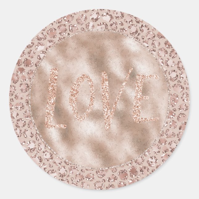 Peach Cream Blush Leopard Print Glitter Love  Classic Round Sticker (Front)