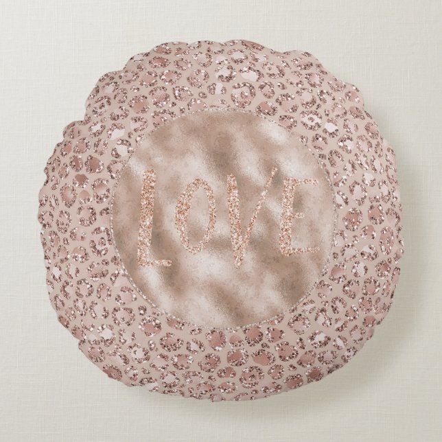 Peach Cream Blush Leopard Print Glitter Love   Round Pillow (Front)
