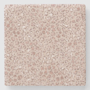 Peach Cream Blush Leopard Print Glitter Stone Coaster
