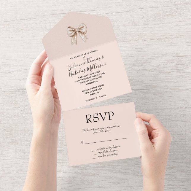 Peach Cream Bow Wedding All In One Invitation (Tearaway)
