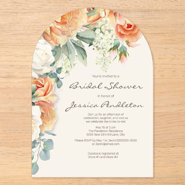 Peach Cream Floral Eucalyptus Bridal Shower Acrylic Invitations (Front)