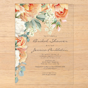 Peach Cream Floral Eucalyptus Bridal Shower Clear Acrylic Invitations
