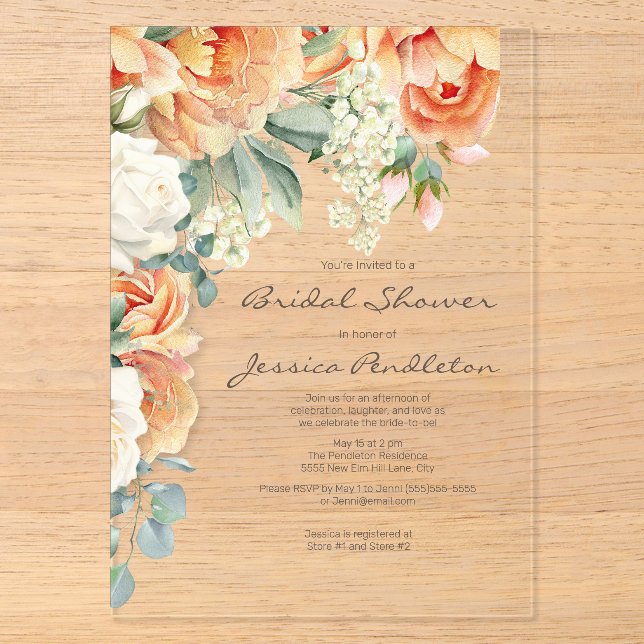 Peach Cream Floral Eucalyptus Bridal Shower Clear Acrylic Invitations (Front)